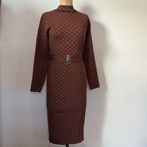 Say What? Copper & Black Knit Belted Mock Neck Monogram Print Dress fits S 4-6